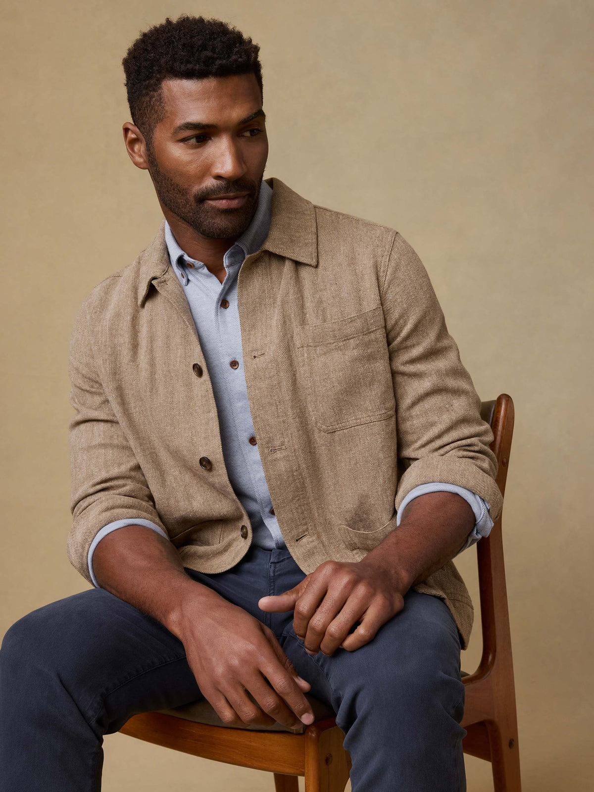 Herringbone Studio Jacket - Khaki Herringbone