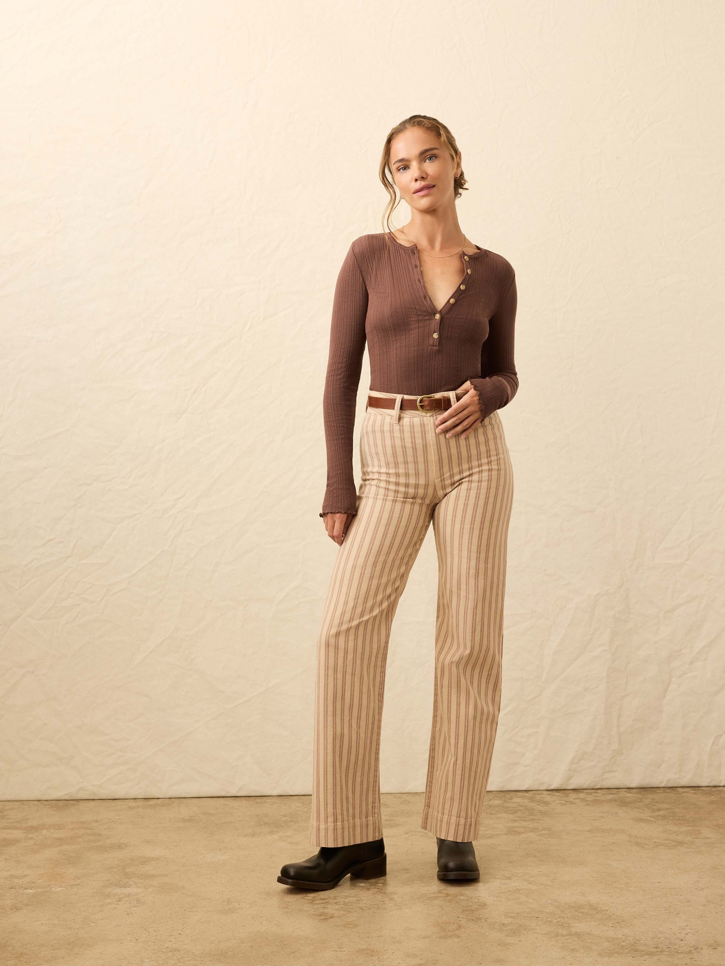 Paradise Pointelle Henley - Chocolate Brown