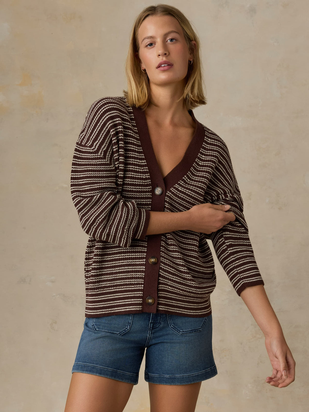 Miramar Linen Relaxed Cardigan - Mocha Stripe