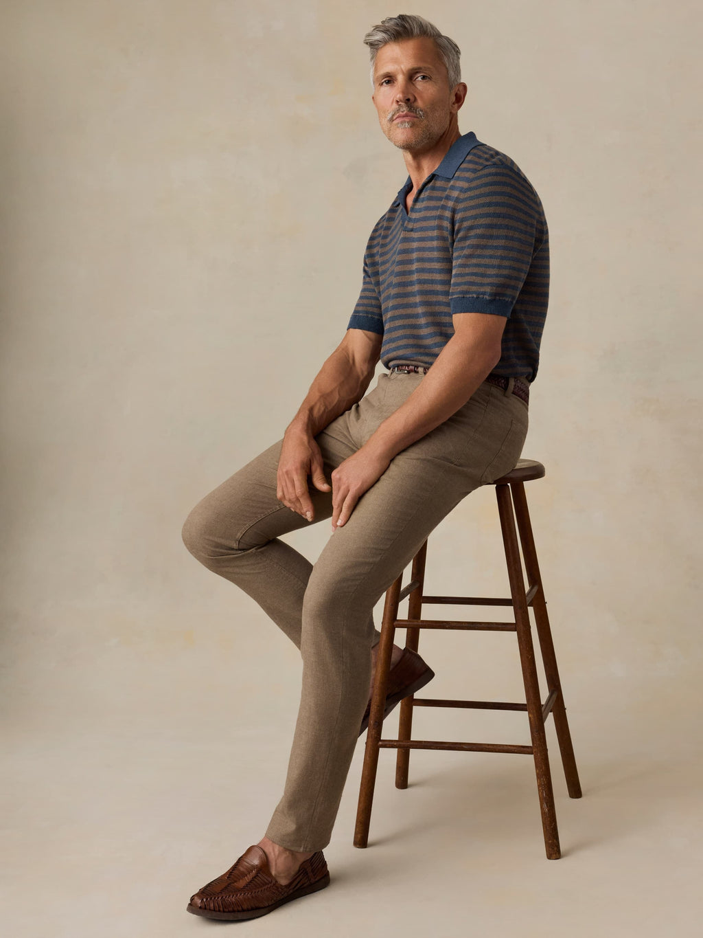 Short-Sleeve Linen Sweater Polo - Navy Cedar Stripe