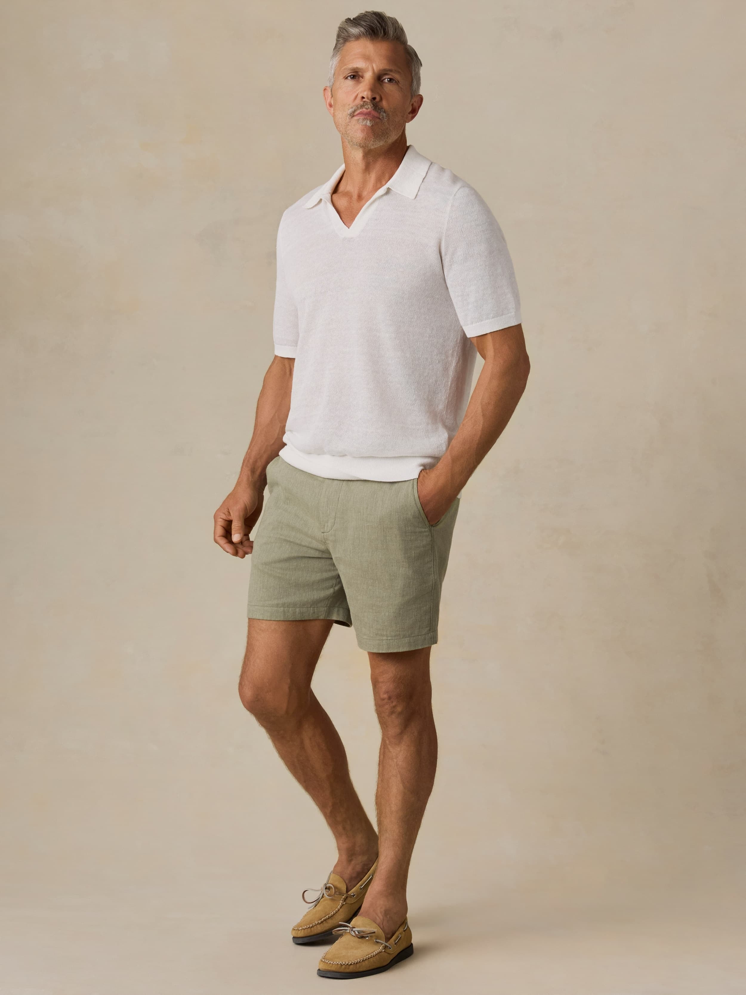 Short-Sleeve Linen Sweater Polo - Pure White