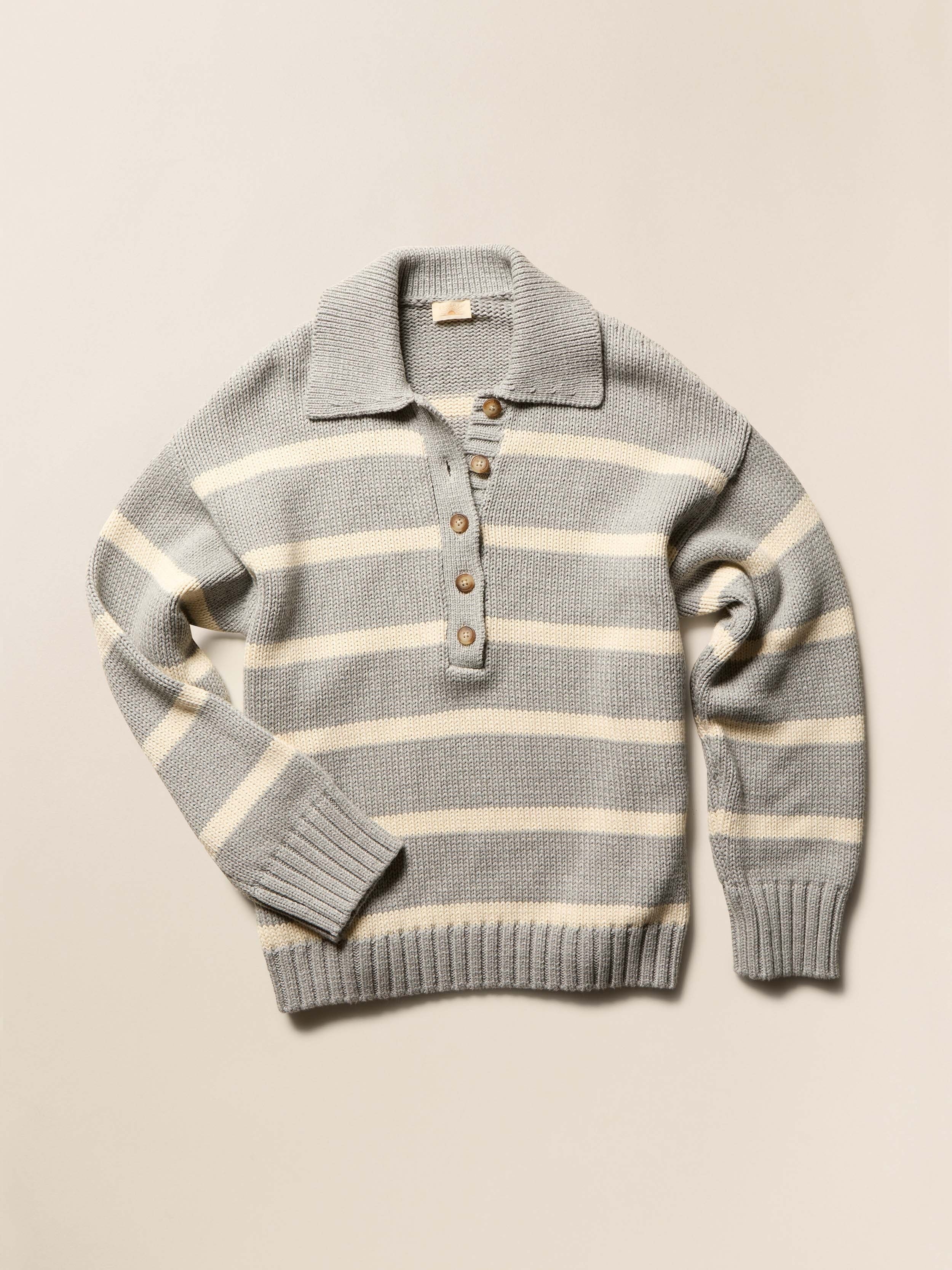 Sunwashed Cotton Polo Sweater - Grey Heather Stripe