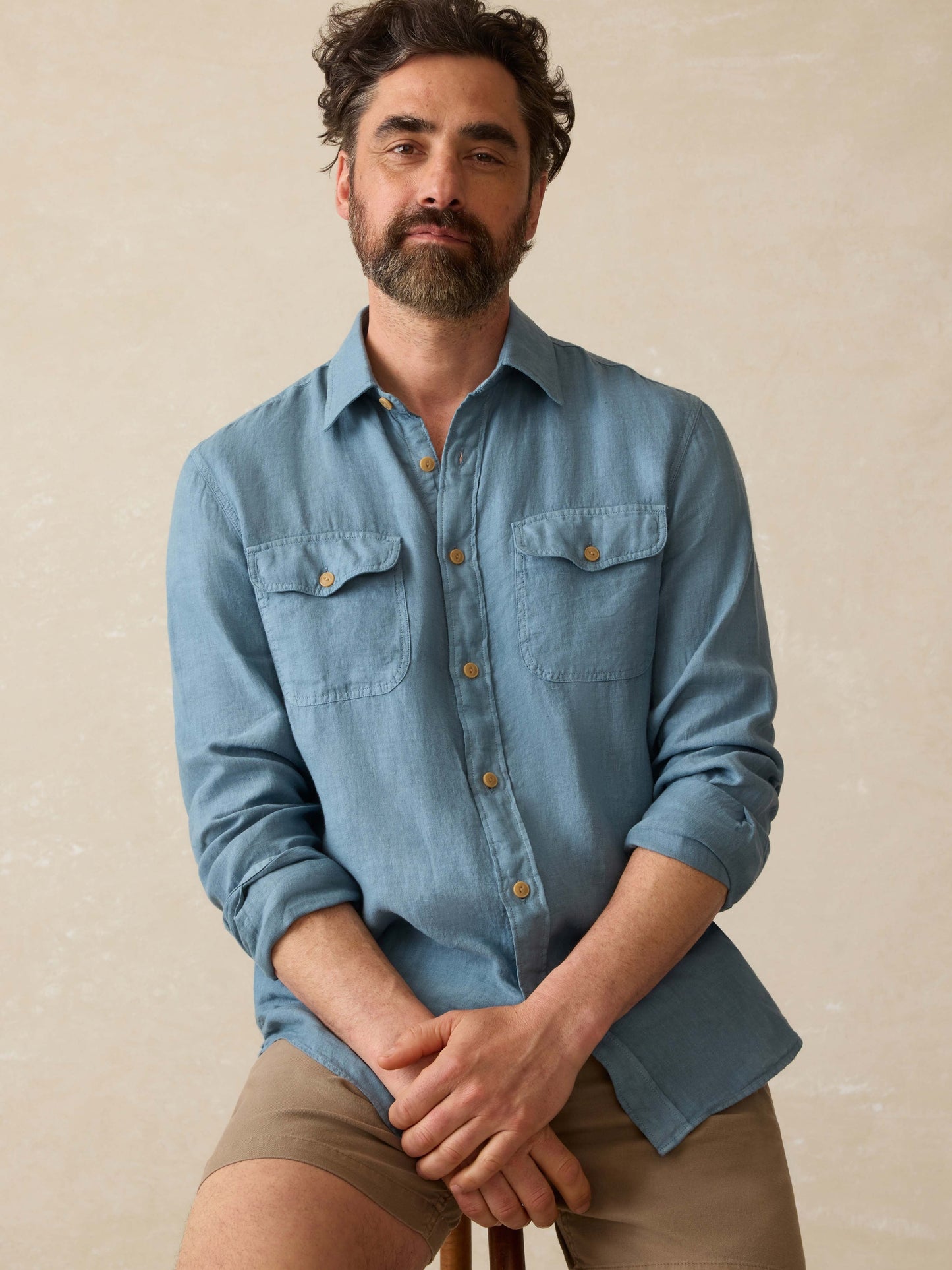 Irish Linen Safari Shirt - Deep Marine