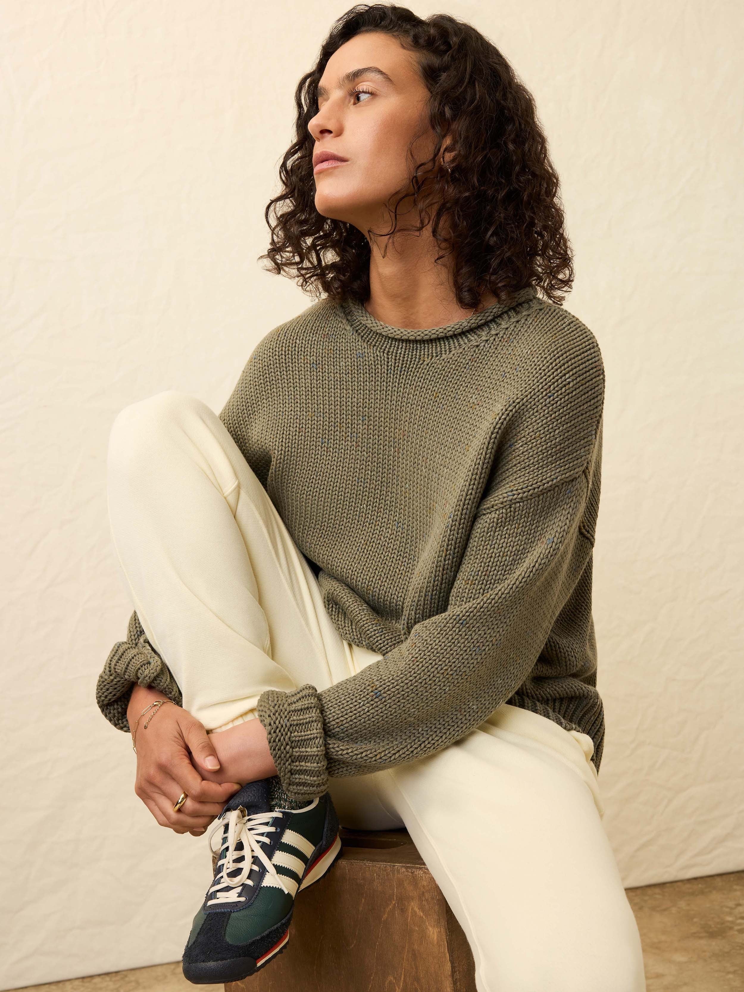 Sunwashed Cotton Roll Neck Sweater - Sage